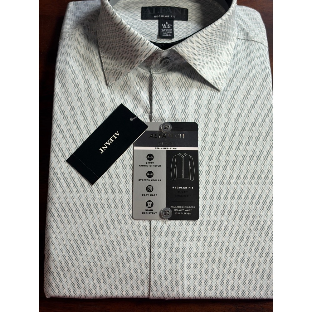 Alfani Alfatech Mens Regular Fit Dress Shirt White Blue Geometric Small 14-14.5